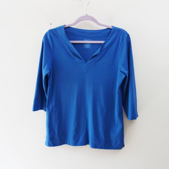 L.L. Bean 3/4 Sleeve Pima Cotton Split-Neck Top in Blue (M) EUC - Picture 1 of 7
